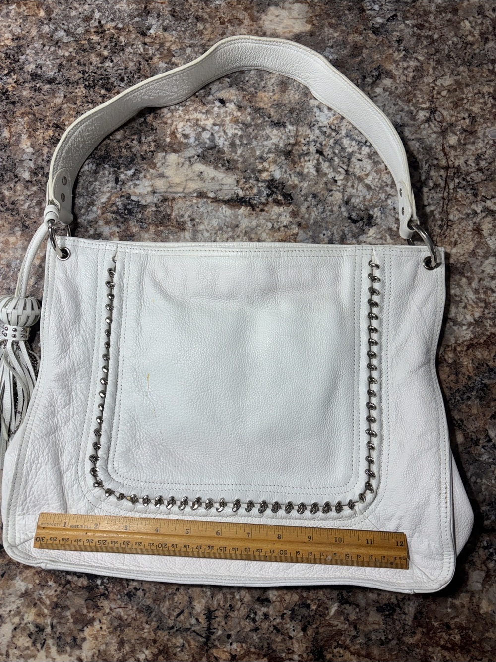 White Pebbled Leather Shoulder Bag with Stud Trim and Tassel
